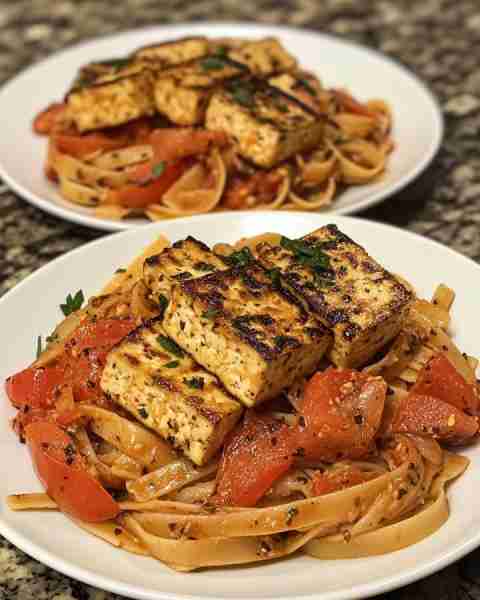 Grilled Tofu with Roasted Red Pepper Pasta Smoky Grilled Tofu over Creamy Red Pepper Penne Ingredien...