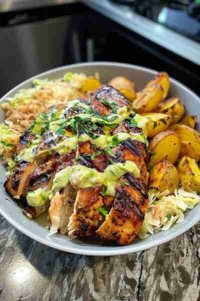 🌶️🌿🐔🥔🧀🥑🍄 Spicy Greek Hot Honey Chicken & Garlic Parmesan Potatoes with Avocado Mushroom Pesto...