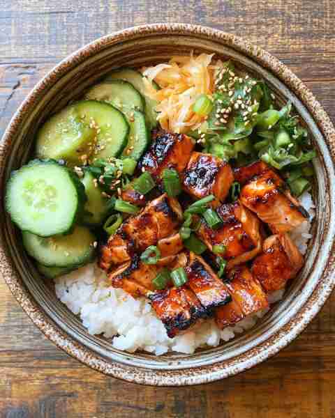 Crazy Good Teriyaki Salmon Rice Bowl 🍣🔥🥒 Prep Time: 15 minutes Cook Time: 15 minutes Servings: 2...