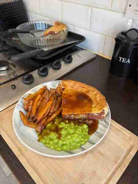 Corned beef & potato pie with chips & peas by Liam E