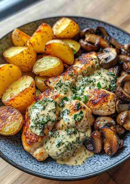 🥥🌿🐔🥔🧀🍄 Coconut Basil Garlic Chicken Stir-Fry Bowl with Parmesan Crispy Potatoes & Creamy Mushr...