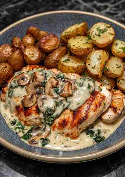 🌿🐔🥔🧀🍄🍯🌶️ Spinach-Artichoke Greek Chicken Alfredo with Crispy Garlic Potatoes & Hot Honey Mushr...