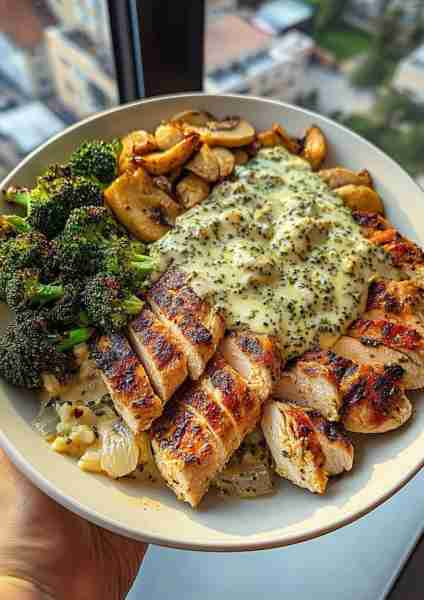 🍅🌿🐔🥦🧀🍄 Tuscan Garlic Chicken Alfredo Bowl with Crispy Parmesan Broccoli & Creamy Mushroom Basi...
