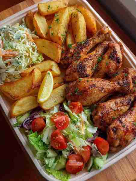 Chicken Drumsticks, Potato Wedges, Greek Salad, Coleslaw and Lemon Wedges Ingredients: For Chicken D...