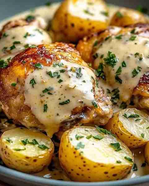 Garlic Parmesan Chicken and Potatoe Ingredients 6 bone-in, skin-on chicken thighs or breasts 1 1/2 p...