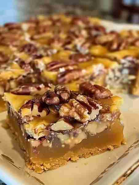😍 Caramel Pecan Dream Bars 😍 FOR THE CRUST: 1 box yellow cake mix 1/3 cup soft margarine 1 egg FOR...