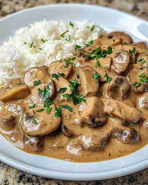 Creamy Mushroom Stroganoff with Fluffy White Rice 🍚🌿 Prep time: 15 mins Cooking time: 20 mins Serv...