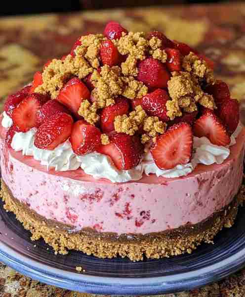 Strawberry Crunch Cheesecake 🍓🎂 Ingredients: Crust: 2 cups crushed vanilla wafers 1/2 cup butt...