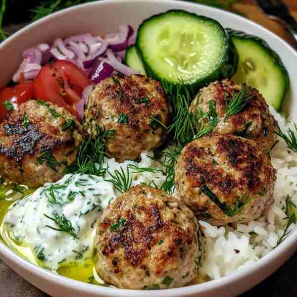 🥙 Greek Meatball Bowl with Tzatziki, Fluffy Rice & Crisp Veggies 🍅🥒 Prep time: 25 mins Cooking ti...