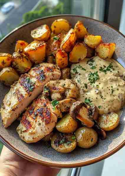 🌰🌿🐔🥔🧀🍄 Chestnut Garlic Greek Chicken Alfredo with Sage Parmesan Potatoes & Mushroom Cream This...