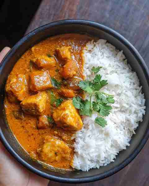 Heavenly Spiced Paneer Butter Masala with Steamed Rice 🧀🌶️🌿 Prep Time: 15 mins Cook Time: 25 mins...