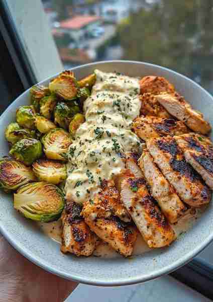 🌶️🌿🐔🥦🧀🍯 Spicy Greek Chicken Alfredo Bowl with Hot Honey Whipped Feta & Crispy Garlic Brussels S...