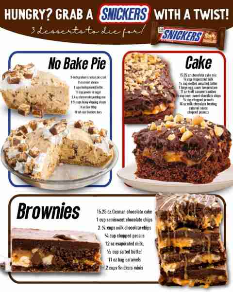 Grab a Snickers with a twist! There are 3 desserts to die for~~ Ingredients 1. No Bake Pie 8 ounces...