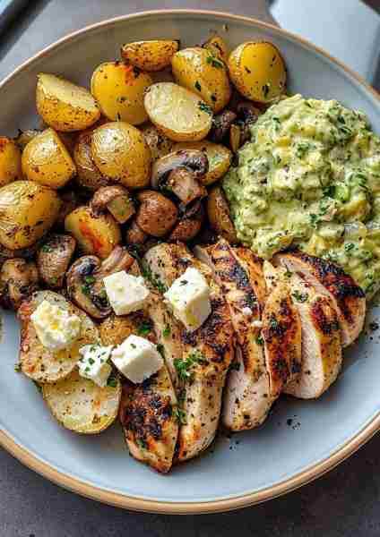 🍋🌿🐔🥔🥑🍄🧀 Greek Lemon Garlic Chicken Alfredo & Crispy Potatoes with Avocado Mushroom Pesto This...