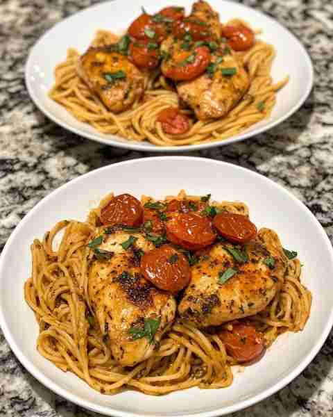 Sweet Herb Chicken with Roasted Tomato Pasta Herb-Marinated Chicken Breast over Roasted Tomato Spagh...