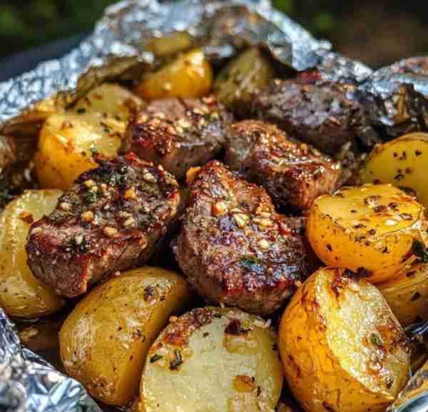Grilled Steak Bites with Garlic Herb Roasted Potatoes in Foil Ingredients: 1 lb (450g) sirloin steak...
