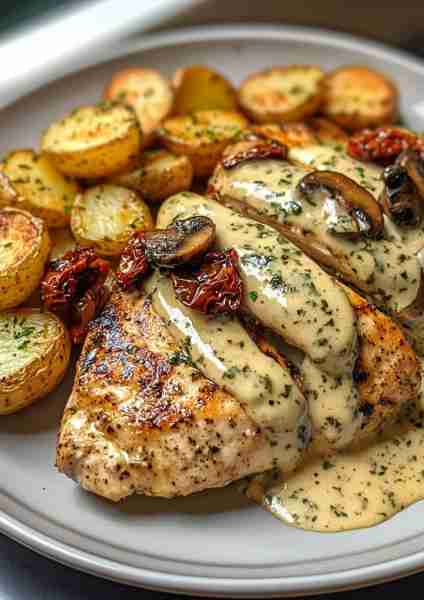 🍅🌿🐔🥔🧀🍄 Tuscan Garlic Chicken & Crispy Potatoes with Sun-Dried Tomato Mushroom Alfredo This dee...