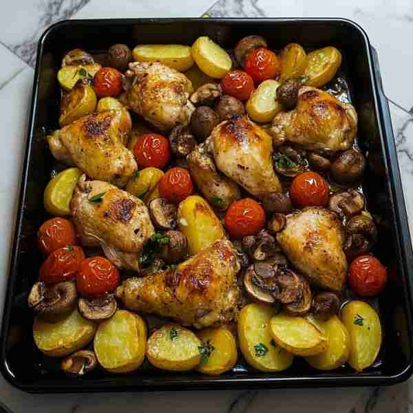 🍗 Golden Baked Chicken Thighs with Potatoes, Mushrooms & Cherry Tomatoes 🌿🍅 Prep time: 15 minutes...