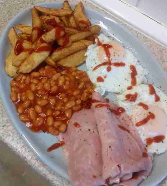 Ham egg chips beans with crusty bread and butter by David