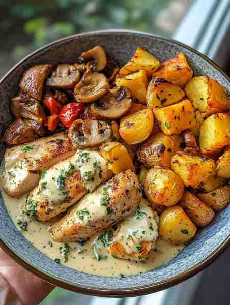 🥥🌿🐔🥔🧀🍄 Creamy Coconut Garlic Chicken Stir-Fry with Parmesan Crispy Potatoes & Mushroom Basil P...