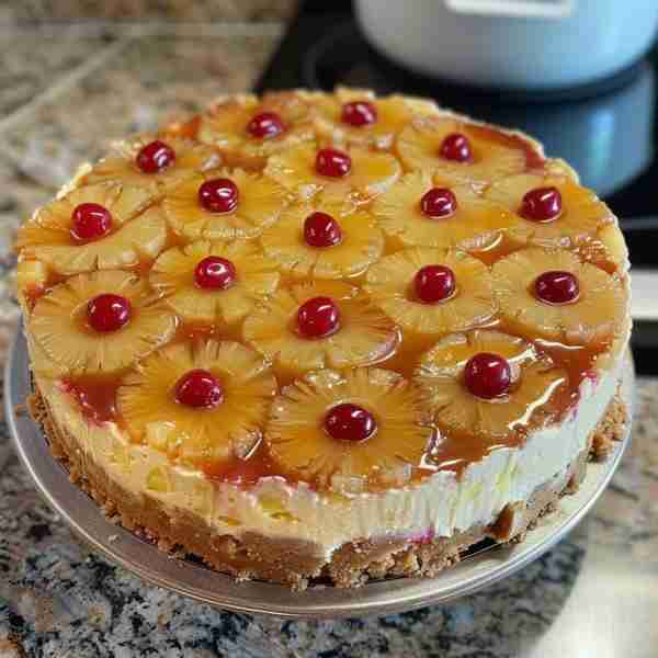 Pineapple Upside-Down Cheesecake😋 Ingredients 5 Tbsp.Of melted butter. 2 Tbsp.Of brown sugar. 2 Can...