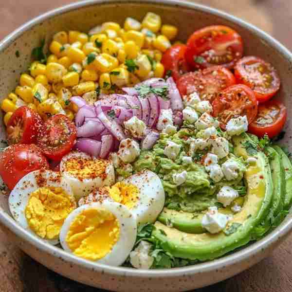 Avocado Egg Power Salad 🥑🥚🌽 Ingredients: 🥑 Avocado (sliced or mashed) 🥚 Boiled eggs (halved) 🌽...