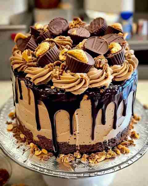 🍰🥜 Decadent Reese’s Peanut Butter Drip Cake 🥜🍰 A rich and indulgent chocolate cake layered with...