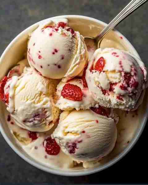 🍓🍦 Homemade Strawberry Vanilla Bean Ice Cream Silky custard. Real vanilla bean. Sweet strawberries...