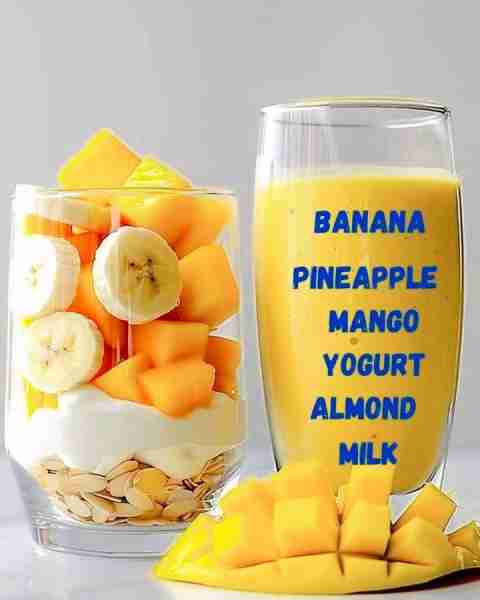 PINEAPPLE MANGO SMOOTHIE 🍍🥭 1 Banana 🍌 1 cup pineapple 🍍 1 cup mango 🥭 1/4 cup yogurt 🍦 1 cup...