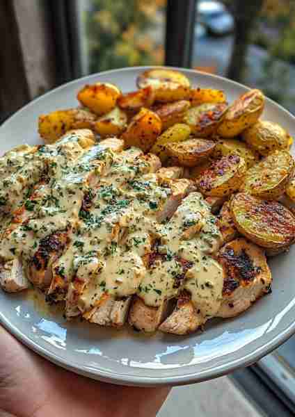 🍇🌿🐔🥔🧀🍄 Greek Garlic Chicken Alfredo with Fig-Balsamic Mushroom Pesto & Crispy Garlic Potatoes...