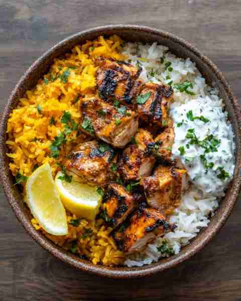 🍗 Grilled Chicken Shawarma Bowl with Golden Rice & Herbed Yogurt 🧄🍋🌿 Prep Time: 20 mins Cook Tim...