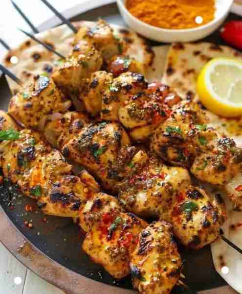 Grilled Chicken Tikka Skewers Recipe Ingredients: Boneless chicken (cut into cubes) – 500 gm Thick c...