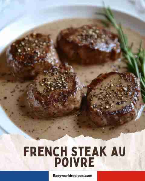 French Steak au Poivre 🥩🌿 Pan-seared filet mignon with crushed peppercorn crust and a creamy cogna...