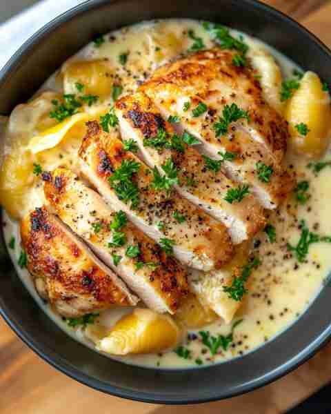 🧄 Creamy Garlic Shells & Cheese with Grilled Chicken 🍗🧀✨ Prep Time: 15 mins Cook Time: 25 mins S...