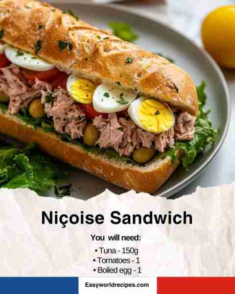 🇫🇷 Niçoise Sandwich A Mediterranean-inspired sandwich full of fresh ingredients. Ingredients: Tuna (...