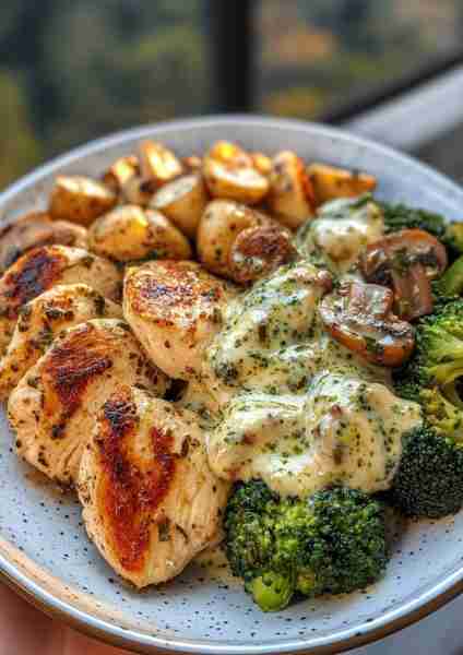🌶️🌿🐔🥦🧀🍄 Spicy Tuscan Chicken Alfredo with Roasted Parmesan Broccoli & Creamy Mushroom Pesto Thi...