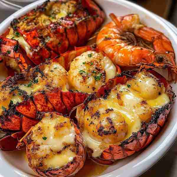 Grilled Lobster Tails and Shrimp with Herb-Butter Sauce Ingredients: 2 lobster tails, halved lengthw...