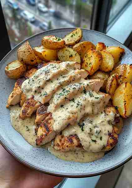 🧀🌿🐔🥔🍄🌟 Double Parmesan Garlic Chicken Alfredo with Crispy Potatoes & Creamy Truffle Mushroom P...