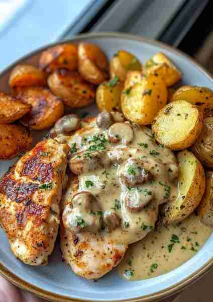 🧀🌿🐔🥔🍄🌟 Double-Cheese Garlic Chicken Alfredo & Crispy Potatoes with Truffle Mushroom Pesto This...