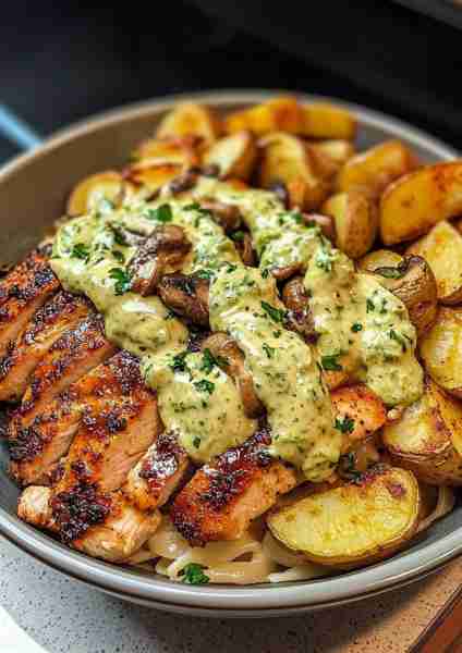 🥑🍯🌶️🐔🥔🌟 Hot Honey Garlic Chicken Alfredo Bowl with Crispy Parmesan Potatoes & Avocado Tahini Mu...