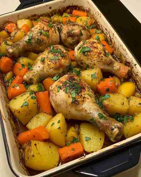 Epic One-Pan Roasted Chicken Drumsticks & Veggies 🍗🥔🥕 Prep Time: 10 minutes Cook Time: 50 minutes...