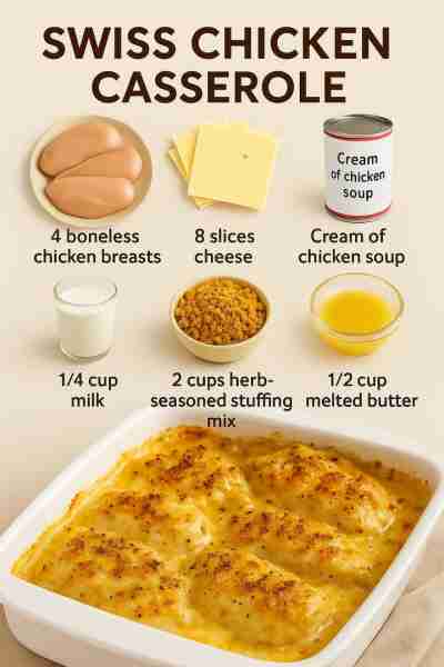 Swiss Chicken Casserole Ingredients 4 boneless, skinless chicken breasts 8 slices Swiss cheese...