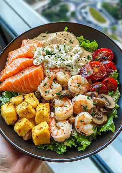 🦀🦐🐟🍇🍄🧀 Warm Crab & Shrimp and Salmon Salad with Sweet & Tangy Fig-Balsamic Mushroom Alfredo Cr...