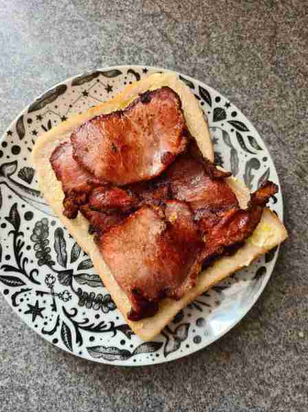 Bacun butty for dinner. Bacun cooked to perfection by Vicki