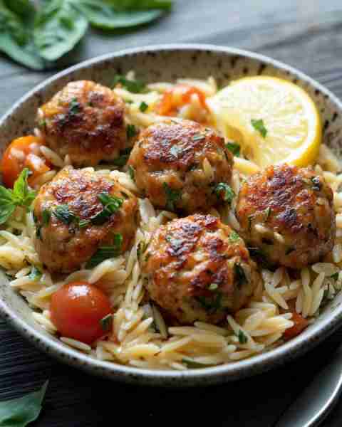 🍋 Epic Lemon-Herb Chicken Meatballs over Creamy Orzo Pasta 🍝🌿 Prep Time: 20 minutes Cook Time: 25...