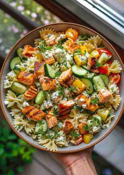 🐟🌿🍝🥒 Grilled Salmon Tzatziki Pasta Salad Bowl This refreshing pasta salad bowl features tender,...