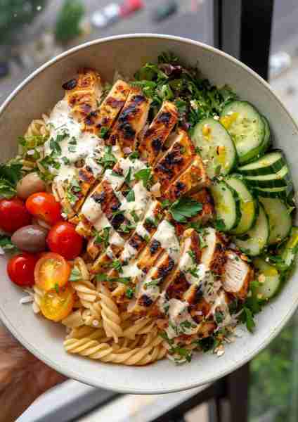 🍯🔥🇬🇷🐔🧀🍝🥒🍅 Greek Chicken & Crispy Halloumi Pasta Salad with Hot Honey Drizzle This vibrant and...