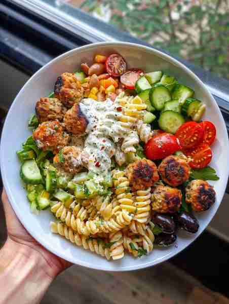 🌶️🦃🍝🥒🍅 Greek Turkey Meatball Pasta with Creamy Roasted Red Pepper Tzatziki Yields: 4 servings Pr...