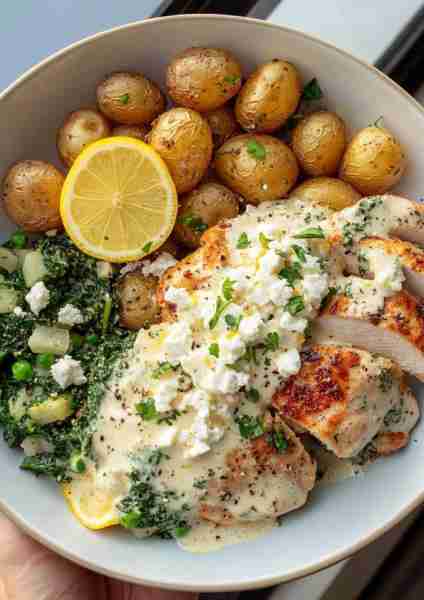 🧄🌿🐔🥔🍋🧀 Creamy Garlic Greek Chicken & Crispy Potatoes with Lemon-Spinach Pesto Alfredo This vib...