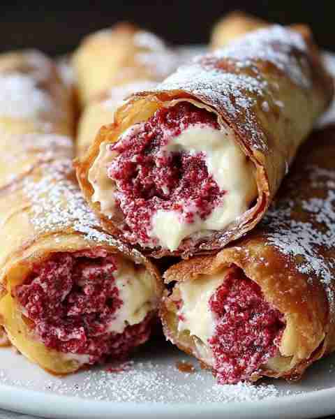 Red Velvet Cheesecake Eggrolls Recipe 🎉✨ These Red Velvet Cheesecake Eggrolls are a crispy, creamy...